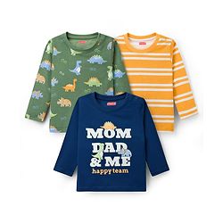 Babyhug Cotton Knit Full Sleeves T-Shirts With Dino Print Pack of 3 - Navy Blue Green & Yellow
