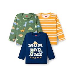 Babyhug Cotton Knit Full Sleeves T-Shirts With Dino Print Pack of 3 - Navy Blue Green & Yellow