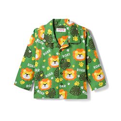 Babyhug Cotton Woven Full Sleeves Co-ord Night Suit With Animal Print - Green