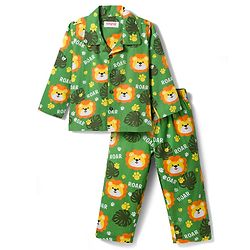 Babyhug Cotton Woven Full Sleeves Co-ord Night Suit With Animal Print - Green