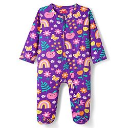 Babyhug Cotton Knit Full Sleeves Footed Sleepsuit With Floral Print - Purple