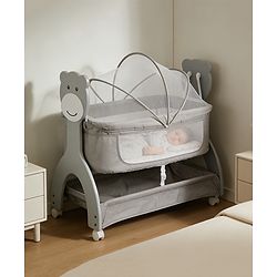 Babyhug Wooden Cradle with Mosquito Net - Grey| Swing Lock & Wheels| Safe & Durable Baby Cot with Storage| Smooth Rocking| Spacious Sleeping Area| Bassinet| Suitable for Newborn