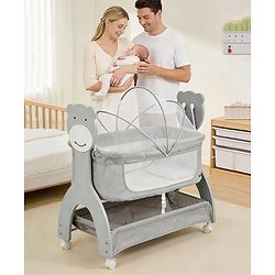 Babyhug Wooden Cradle with Mosquito Net - Grey| Swing Lock & Wheels| Safe & Durable Baby Cot with Storage| Smooth Rocking| Spacious Sleeping Area| Bassinet| Suitable for Newborn