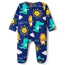 Babyhug Cotton Knit Full Sleeves Footed Sleepsuit With Animal Print - Navy Blue