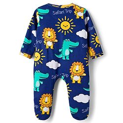 Babyhug Cotton Knit Full Sleeves Footed Sleepsuit With Animal Print - Navy Blue