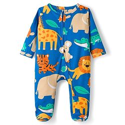 Babyhug Cotton Knit Full Sleeves Footed Sleepsuit With Animal Print - Blue