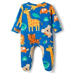 Babyhug Cotton Knit Full Sleeves Footed Sleepsuit With Animal Print - Blue