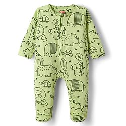 Babyhug Cotton Knit Full Sleeves Footed Sleepsuit With Animal Print - Green