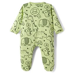Babyhug Cotton Knit Full Sleeves Footed Sleepsuit With Animal Print - Green