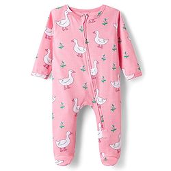 Babyhug Cotton Knit Full Sleeves Footed Sleepsuit With Bird Print - Pink
