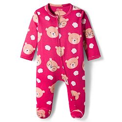 Babyhug Cotton Knit Full Sleeves Footed Sleepsuit With Animal Print - Maroon