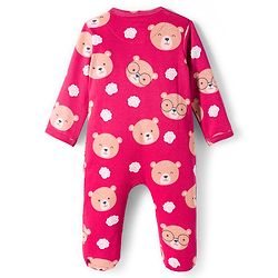 Babyhug Cotton Knit Full Sleeves Footed Sleepsuit With Animal Print - Maroon