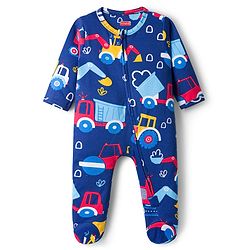 Babyhug Cotton Knit Full Sleeves Footed Sleepsuit With Vehicle Print - Navy Blue