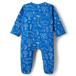 Babyhug Cotton Knit Full Sleeves Footed Sleepsuit With Dino Print - Blue