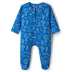 Babyhug Cotton Knit Full Sleeves Footed Sleepsuit With Dino Print - Blue