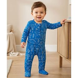 Babyhug Cotton Knit Full Sleeves Footed Sleepsuit With Dino Print - Blue