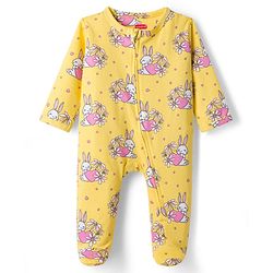 Babyhug Cotton Knit Full Sleeves Footed Sleepsuit With Animal Print - Yellow
