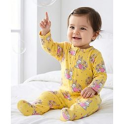 Babyhug Cotton Knit Full Sleeves Footed Sleepsuit With Animal Print - Yellow
