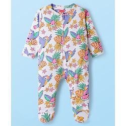 Babyhug Cotton Knit Full Sleeves Footed Sleepsuit With Floral Print - White