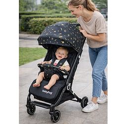 Babyhug Portable Baby Stroller with One-hand Z Compact Fold - Black| Pram for Newborn| Concealed Linked Brake| Swivel Wheels| 5 point Safety Harness| Air Cabin Friendly|