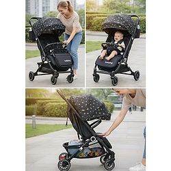 Babyhug Portable Baby Stroller with One-hand Z Compact Fold - Black| Pram for Newborn| Concealed Linked Brake| Swivel Wheels| 5 point Safety Harness| Air Cabin Friendly|