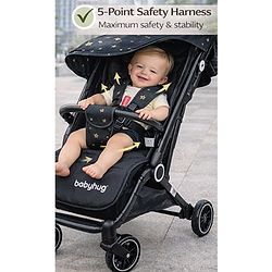 Babyhug Portable Baby Stroller with One-hand Z Compact Fold - Black| Pram for Newborn| Concealed Linked Brake| Swivel Wheels| 5 point Safety Harness| Air Cabin Friendly|