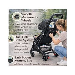 Babyhug Portable Baby Stroller with One-hand Z Compact Fold - Black| Pram for Newborn| Concealed Linked Brake| Swivel Wheels| 5 point Safety Harness| Air Cabin Friendly|