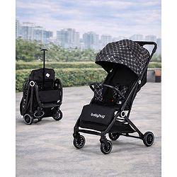 Babyhug Portable Baby Stroller with One-hand Z Compact Fold - Black| Pram for Newborn| Concealed Linked Brake| Swivel Wheels| 5 point Safety Harness| Air Cabin Friendly|
