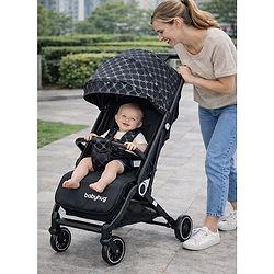 Babyhug Portable Baby Stroller with One-hand Z Compact Fold - Black| Pram for Newborn| Concealed Linked Brake| Swivel Wheels| 5 point Safety Harness| Air Cabin Friendly|