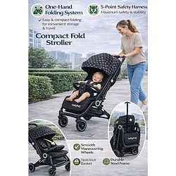 Babyhug Portable Baby Stroller with One-hand Z Compact Fold - Black| Pram for Newborn| Concealed Linked Brake| Swivel Wheels| 5 point Safety Harness| Air Cabin Friendly|