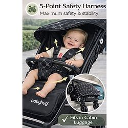 Babyhug Portable Baby Stroller with One-hand Z Compact Fold - Black| Pram for Newborn| Concealed Linked Brake| Swivel Wheels| 5 point Safety Harness| Air Cabin Friendly|