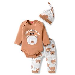 Babyhug 100% Cotton Interlock Knit Full Sleeves Animal Printed Onesies With Leggings & Cap - Brown