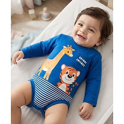 Babyhug 100% Cotton Interlock Knit Full Sleeves Onesies With Animal Print - Navy Blue