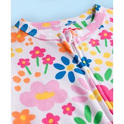 Babyhug Cotton Knit Full Sleeves Footed Sleepsuit With Floral Print - White