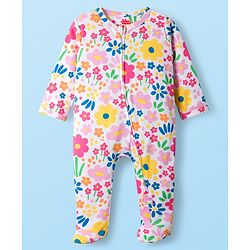 Babyhug Cotton Knit Full Sleeves Footed Sleepsuit With Floral Print - White