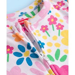 Babyhug Cotton Knit Full Sleeves Footed Sleepsuit With Floral Print - White
