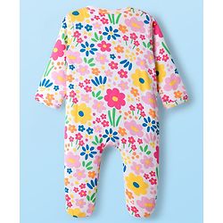 Babyhug Cotton Knit Full Sleeves Footed Sleepsuit With Floral Print - White