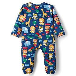 Babyhug Cotton Knit Full Sleeves Footed Sleepsuit With Animal Print - Navy Blue