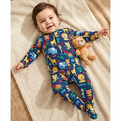 Babyhug Cotton Knit Full Sleeves Footed Sleepsuit With Animal Print - Navy Blue