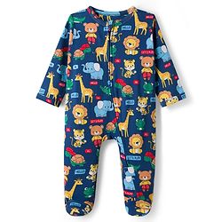 Babyhug Cotton Knit Full Sleeves Footed Sleepsuit With Animal Print - Navy Blue