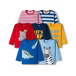 Babyhug 100 % Cotton Single Jersey Knit Full Sleeves T-Shirt With Dino Print Pack Of 7 - Multicolour