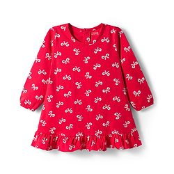 Babyhug Cotton Knit Full Sleeves Nighty With Bow Print - Red