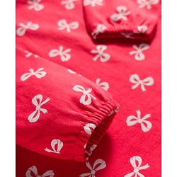 Babyhug Cotton Knit Full Sleeves Nighty With Bow Print - Red