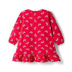 Babyhug Cotton Knit Full Sleeves Nighty With Bow Print - Red
