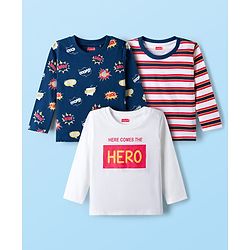 Babyhug 100% Cotton Full Sleeves T-Shirt With Text Print Pack Of 3 - White Navy Blue & Red