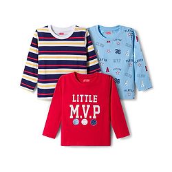 Babyhug 100% Cotton Single Jersey Knit Full Sleeves T-Shirt With Text Print Pack Of 3 - Red Light Blue & Blue