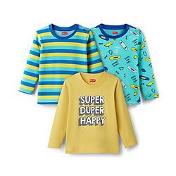 Babyhug 100% Cotton Knit Full Sleeves Striped & Printed T-Shirts Pack of 3 - Multicolor
