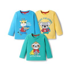 Babyhug 100% Cotton Single Jersey Knit T-Shirt With Animal Print Pack Of 3 - Light Blue Aqua & Yellow