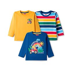 Babyhug 100% Cotton Knit Full Sleeves Striped & Dino Printed T-Shirts Pack of 3 - Navy Blue & Yellow