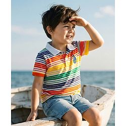 Babyhug Cotton Knit Half Sleeves Striped Polo T-Shirt with Ship Graphic - Multicolor